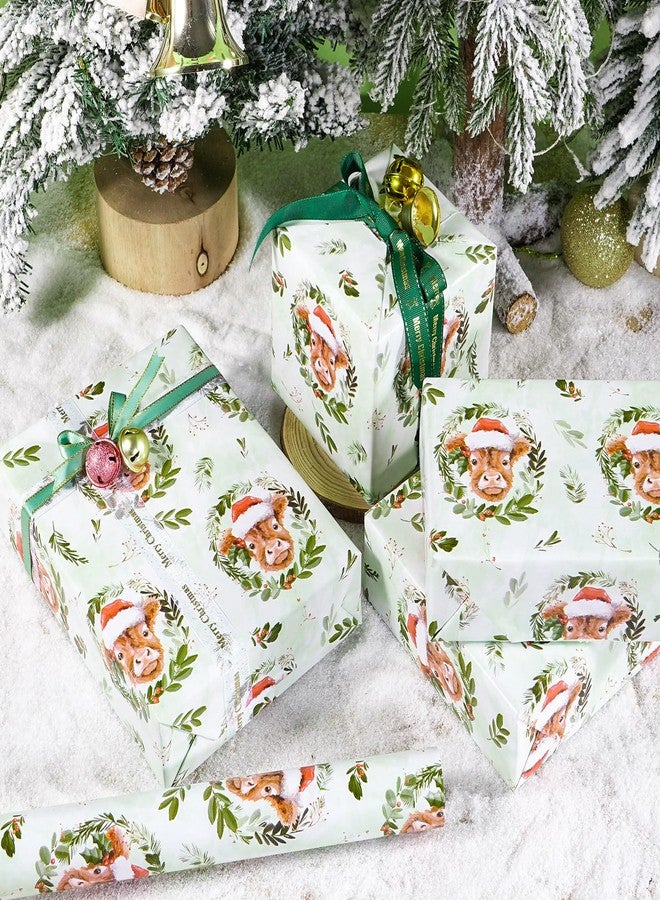 LeZakaa Christmas Highland Cow Wrapping Paper Roll, Cute Highland Cow with Santa Hat Green Wreath Design, Funny Holiday Gift Wrap for Farmhouse Style, Mini Roll 17 in x 16.4 Ft - Image 3